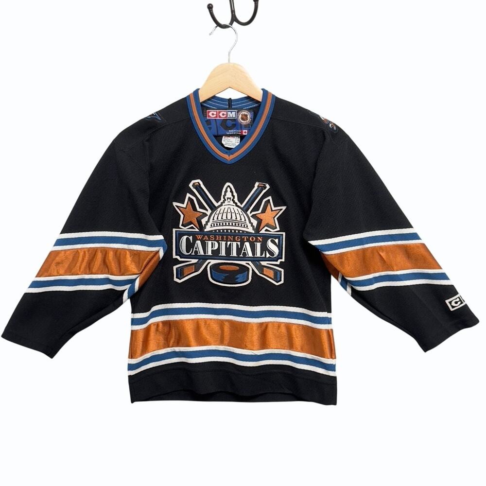 VTG‎ CCM Washington Capitals Black Blue Gold NHL Jersey Youth Size S/M